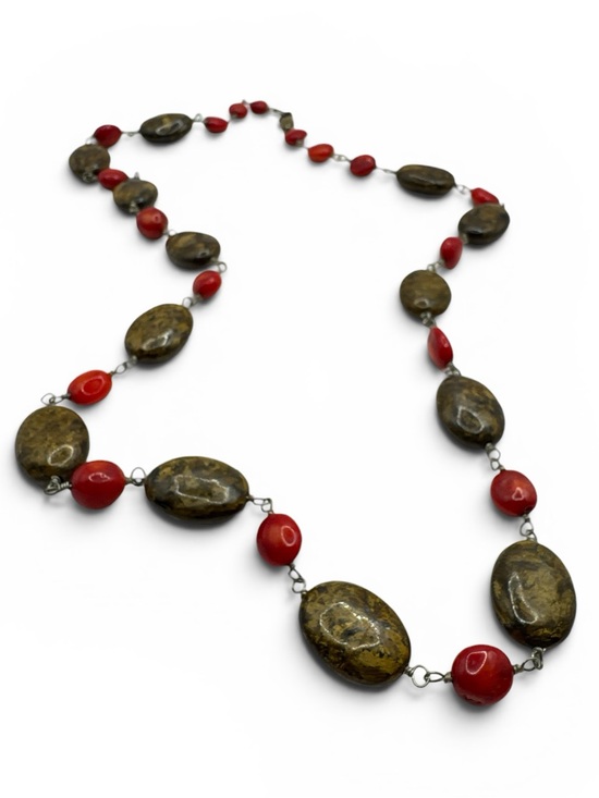 Vintage Jewelry - Vintage Sterling Silver Red Coral Tiger Eye Necklace Tiger Eye Necklace 27”